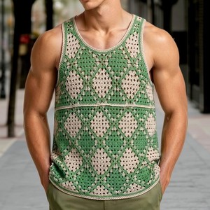 <span class=keywords><strong>Camiseta</strong></span> sin mangas de punto para <span class=keywords><strong>hombre</strong></span> con patrón a cuadros verde estilo casual urbano, chaleco de punto calado sin mangas de alta calidad para <span class=keywords><strong>hombre</strong></span> - Product Image 5