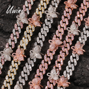 UWIN Bracelet de cheville pour femme avec petit papillon en zircon cubique et chaîne cubaine de 9 mm, style Hip Hop Bling Bling, bijou de pied - Product Image 2