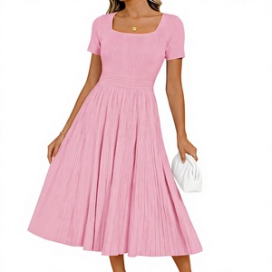 Pink Solid Knitted A-Line Midi Dress with <b>Square</b> Neck Short Sleeve High Waist Slim Fit Pleated Hem Casual Spring Dress - Product Image 2