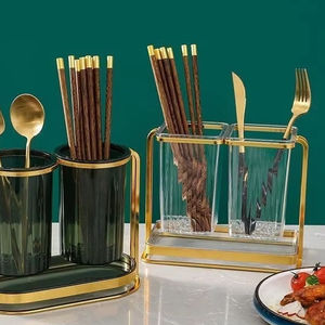 Mutfak plastik Metal altın tek tüp çift tüp çatal kaşık depolama tutucu kutusu raf kafes - Product Image 1
