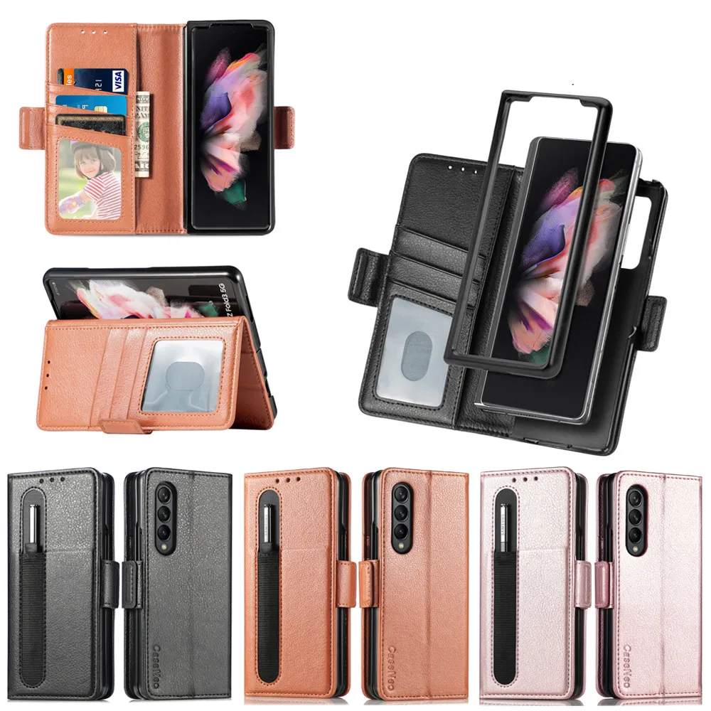 2022 HuaMJ Wholesale Drop-resistant Pen Tray Cover For Leather Mobile Phone Case Wallet Luxury Galaxy Samsung Z Fold 3 4 Case