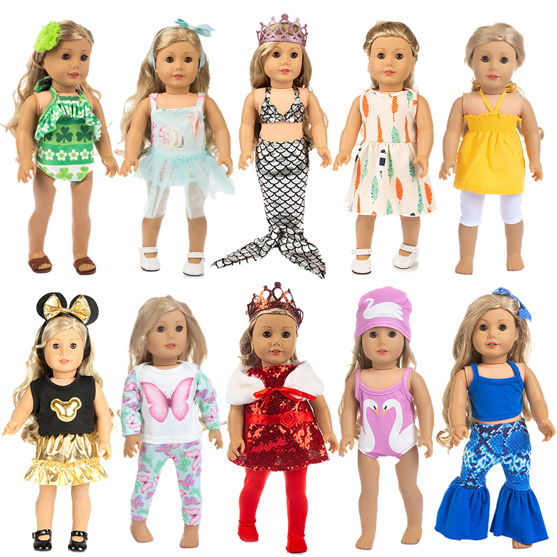 Американский 18-дюймовые куклы одежда аксессуары, платье для девочек, костюм платье для маленьких детей; 10 предметов комплект одежды с повязкой на голову для малышей, оптовая продажа, кукольная с одеждой