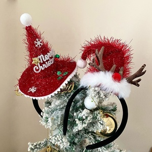 Diadema de gorro de Papá Noel navideño con letras de Feliz Navidad en oropel rojo y mini gorro con astas, para niños, fiesta de Navidad, venta al por mayor - Product Image 2