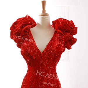 Robes de soirée rouges élégantes pour dames V-Ne Mermaid Lace-Up Style avec Long Train Luxury & Modest Ethnic Fabric Clothing - Product Image 3