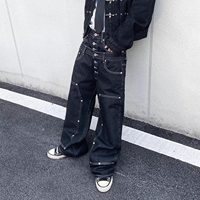 Jean Baggy Noir en Denim Personnalisable avec Double Taille, Boutons et Poches, Denim Noir Uni, Style Streetwear pour Hommes
