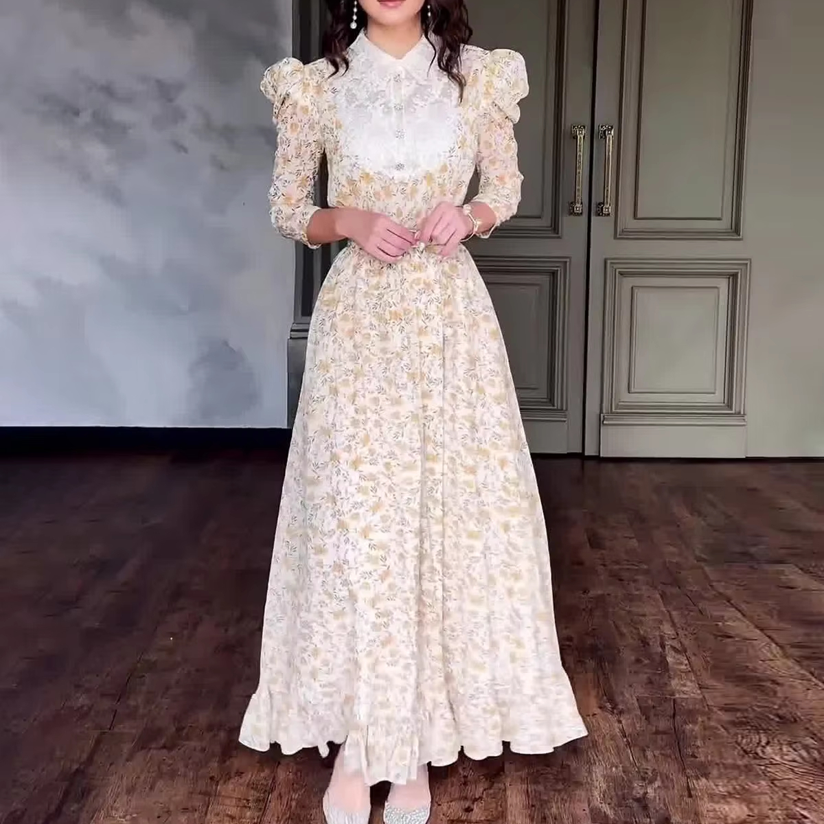 Collar Korean Western Dresses Korean Summer Dress Floor-Length Square  Collar Flying Sleeve Chiffon A-Line