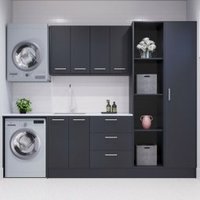 Meuble de buanderie moderne en acier inoxydable 304, écologique, ignifuge et durable, avec espace pour machine à laver, miroir LED, style minimaliste