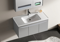 Meuble de salle de bain mural gris anti-humidité avec miroir lumineux à capteur d'ambiance, porte-mouchoirs et lavabo intégré – Vente en gros pour la maison