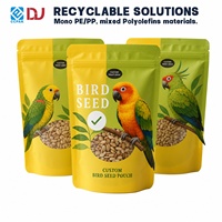 Staande zak met gusset voor vogelzaad met ritssluiting, transparant venster, op maat bedrukt, geel, met ophanggat.