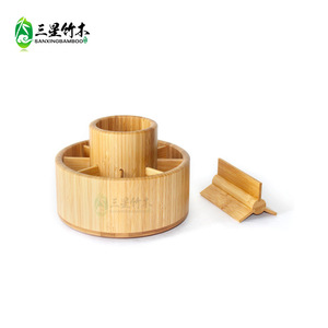 Portalápices giratorio de bambú, tubo de almacenamiento redondo multifuncional, tubo de almacenamiento de brochas de maquillaje de bambú, caja de almacenamiento de escritorio - Product Image 1
