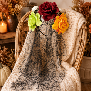 Serre-tête floral multi-tons frais rouge, orange, vert, rose, avec voile et <span class=keywords><strong>couronne</strong></span> de <span class=keywords><strong>cheveux</strong></span> en maille d'araignée - Product Image 5