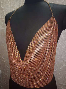 Top Corto de Lentejuelas para Mujer, Estilo Halter, para Discoteca, Escote Pronunciado, con Cadena de Diamantes Brillantes, Estilo Halter, Escote Profundo en V, Top Umbilical - Product Image 2