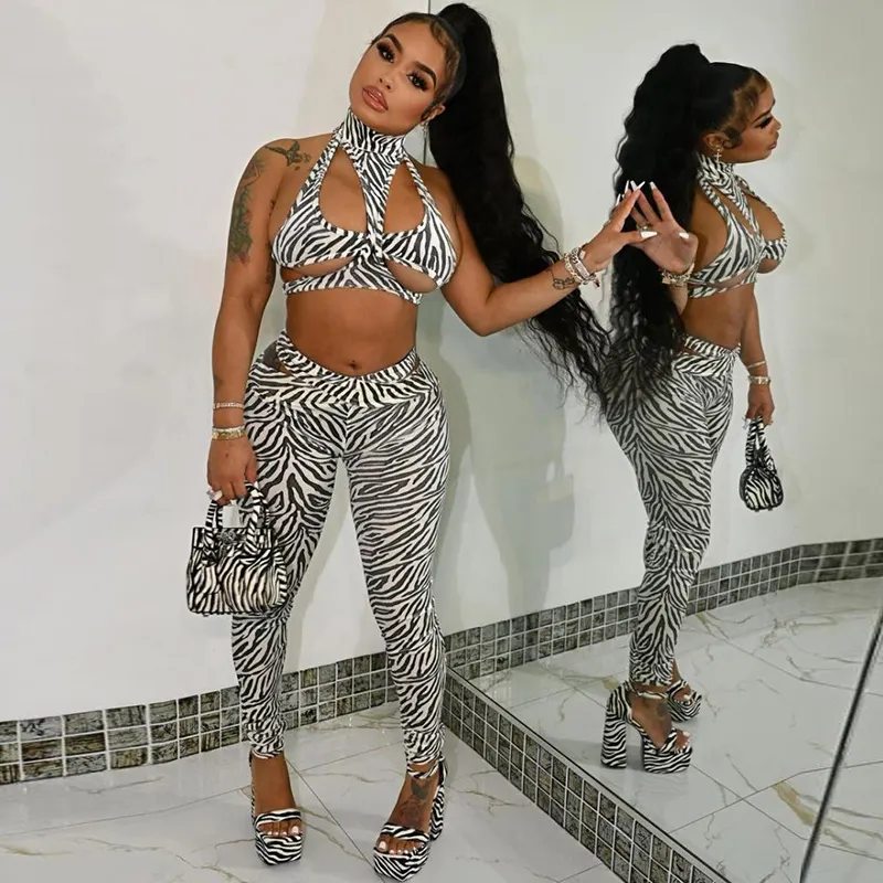 W-S789A Leopard Print Two Piece Set Hollow Out Crop Top and High Waist Long Pants 2 Set Women Clothing