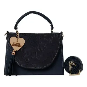 Bolso Bandolera Fana Linda Azul Marino de Cuero Genuino con Diseño Floral Minimalista para Mujer - Product Image 1