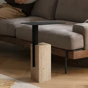 2024 hot sell living room furniture coffee table Mono side table travertine and metal modern look side table