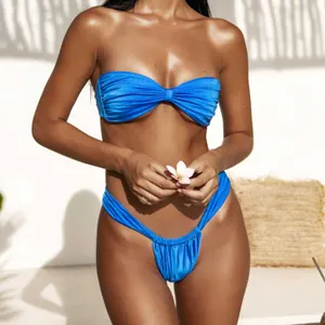 Bikini personalizado de lujo para mujer, bañador italiano de tela brillante sedosa, traje de baño brasileño fruncido sin costuras, ropa de baño para mujer