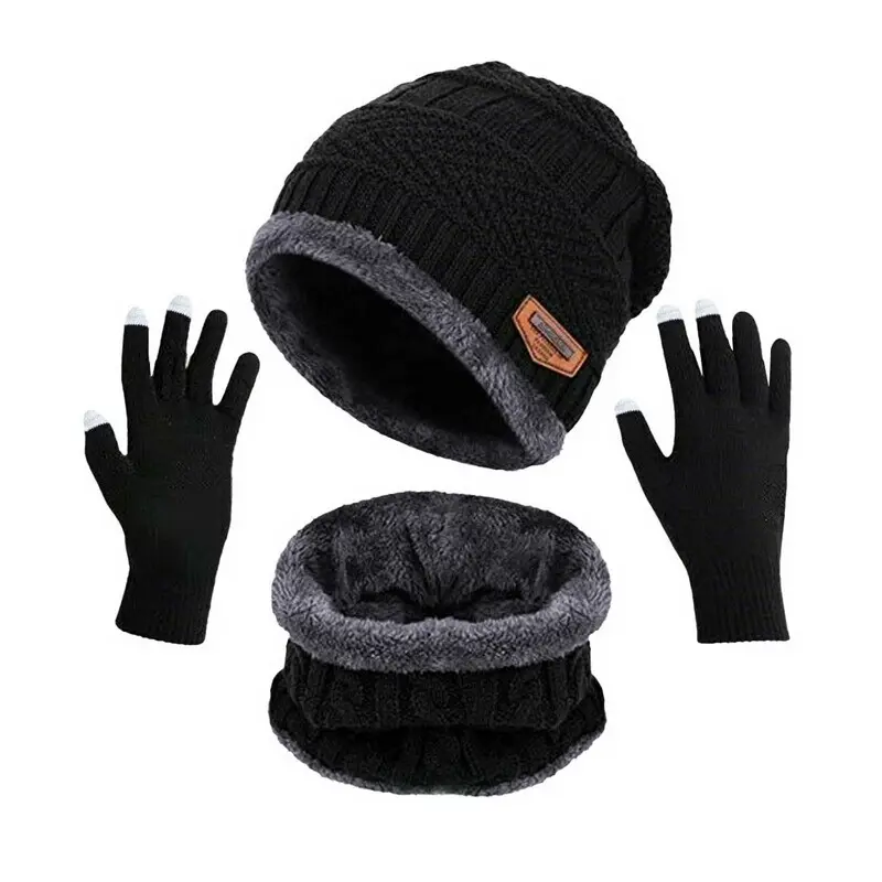Kış sıcak peluş kalın şapka eşarp eldiven düz renk üç parçalı set