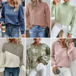 2023 Women's Sweater Pullover Jacquard Pattern Knitwear Long Sleeve Round Neck Knitted Winter Cotton Knitted Sweater Wholesale