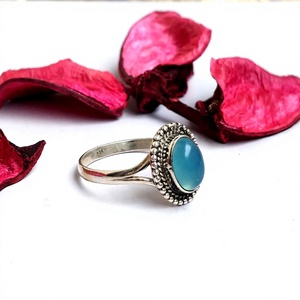 แหวนพลอยเงินสเตอร์ลิง925งานทำมือคาลซิโดนีสีฟ้าแบบอินเดีย - Product Image 2