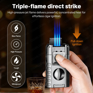 Briquet à cigare multifonctionnel <span class=keywords><strong>en</strong></span> métal, triple flamme, coupe-vent, rechargeable au butane, allumeur portable d'extérieur, cadeaux d'affaires - Product Image 3