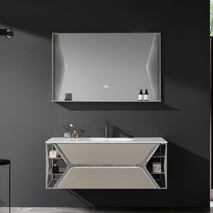 BNITM vanité de salle de bain design moderne de luxe avec lavabo et miroir LED meuble de rangement flottant pour salle de bain panneau de porte gravé - Product Image 1