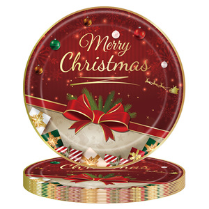Christmas Round <b>Paper</b> Plates 60-80 Pcs Deep Blue <b>Red</b> Design With Ornaments And Bow For Holiday Party Tableware - Product Image 2