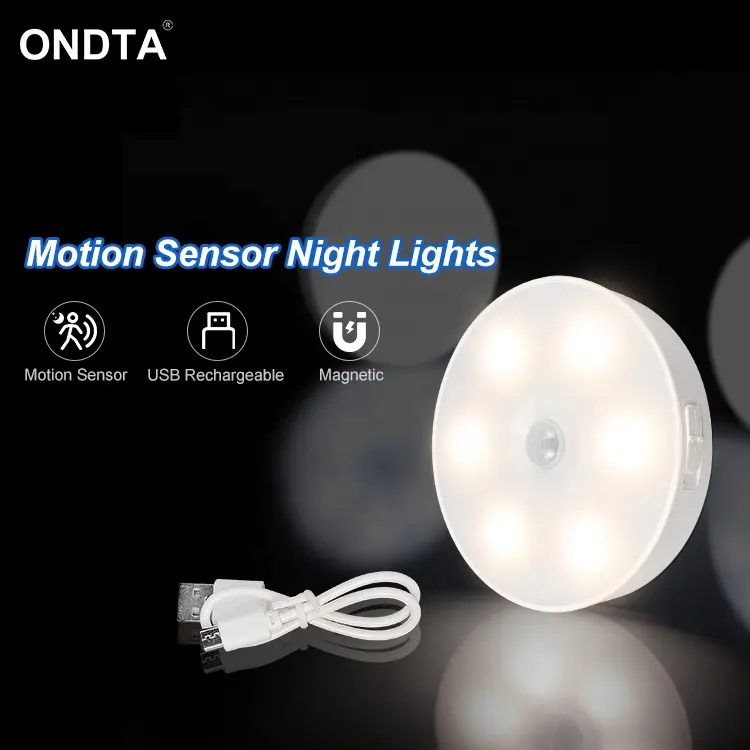 Motion-activated magnetic night light 6 LED USB rechargeable motion sensor for bedroom stairs wardrobes