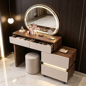 Coiffeuse minimaliste moderne avec miroir ovale éclairé et tiroirs de rangement, table de maquillage pour chambre à coucher avec tabouret - Product Image 6