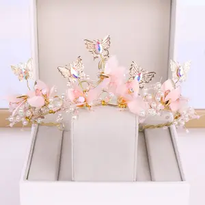 Fashion Flower Butterfly Bridal Tiara Crown Baroque Gold Pearl Head Band Headpiece Hair Jewelry Wedding Headband Accessories