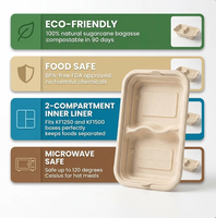 Ecologisch afbreekbare 2-delige binnenbak van suikerrietbagasse, compartimentenverdeler voor afhaalmaaltijden, deksel voor maaltijddoos