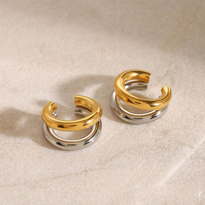 Non Tarnish Designer 14k 18k PVD Gold Plated 316l Stainless Steel Double C Fashion StJewelry Cc Non Piercing <b>Earrings</b> for Women - Product Image 1