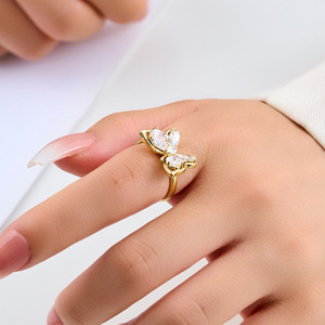 Butterfly Shaped Open Ring With Green And Orange Gemstones Prong Setting Adjustable For Women Fashion Jewelry Gift - Product Image 2