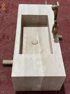 YUSHI Évier en travertin Beige en pierre naturelle Rectangle à montage mural personnalisé pour lavabo de comptoir de salle de bain - Product Image 6