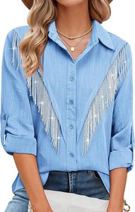 Camicia Elegante da <span class=keywords><strong>Donna</strong></span> Stile Western Personalizzata, Sexy e Casual, Manica Lunga con Colletto a Risvolto e Nappine, Paillettes Glitterate, Nera, 2026 - Product Image 6