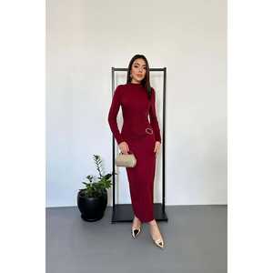 Robe de soirée bordeaux en gros avec ceinture à boucle élégante - Product Image 6