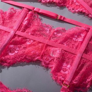 Ensemble de lingerie sexy en dentelle brodée à trois pièces, avec bretelles à col suspendu, uniforme sexy, tentation, jarretière à trois points, pour femmes - Product Image 6