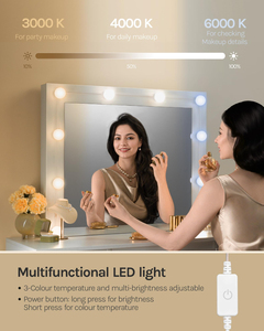 Table de maquillage haut de gamme avec plateau en verre blanc, miroir LED réglable, table de toilette moderne avec tiroirs et 2 prises - Product Image 5