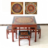 Ensemble table et chaises de salle à manger rectangulaires en bois massif vintage, peintes à la main, style traditionnel tibétain-mongol, écologiques, pour appartement et hôtel