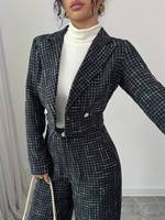 Ensemble deux pièces professionnel sur mesure, direct usine, comprenant un blazer en tweed à carreaux coupe ample et un pantalon à jambes larges à motif uni, pour le printemps