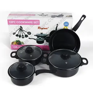 13 Pieces Metal Cast Iron Kitchen Cooking Pan Pot Set Non Stick Cookware Sets With Glass Lid Gift Box