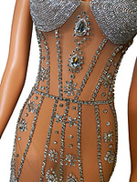 NOVANCE Y2368-C Robe de Soirée de Luxe Transparente à Bretelles, Strass et Pompons Effet Diamant pour Femme – Modèle Clubbing Sexy et Élégant