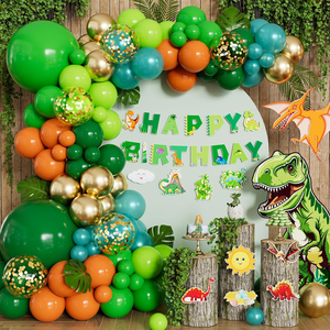 Kit d'<span class=keywords><strong>arche</strong></span> de ballons personnalisée sur le thème des dinosaures avec bannière Dino & Joyeux Anniversaire, ballons jungle pour garçons, anniversaire sur le thème du safari - Product Image 1