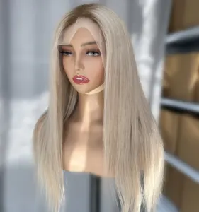 Cuticula Uitgelijnd Full Lace Pruik Ash Blonde Kleur Rechte Europese Human Hair Lace Front Pruiken Voor Witte Vrouwen
