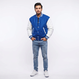 FINER THREADS OEM Custom Men's Varsity Jacket Wool/Viscose Shell Polyester/Cotton Fabric Breathable Stand Collar <b>Covered</b> <b>Button</b> - Product Image 1