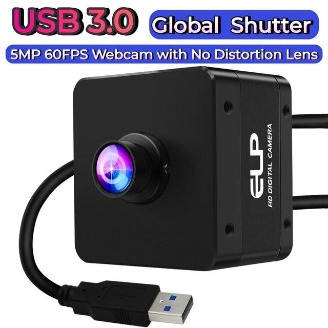 ELP USB3.0 Camera 5MP Global Shutter High Speed 60FPS Golf Swing Mini Webcam Module with No Distortion Lens