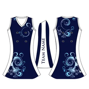 Gaun netball pola desain kustom Harga Murah seragam sublimasi polos poliester biru