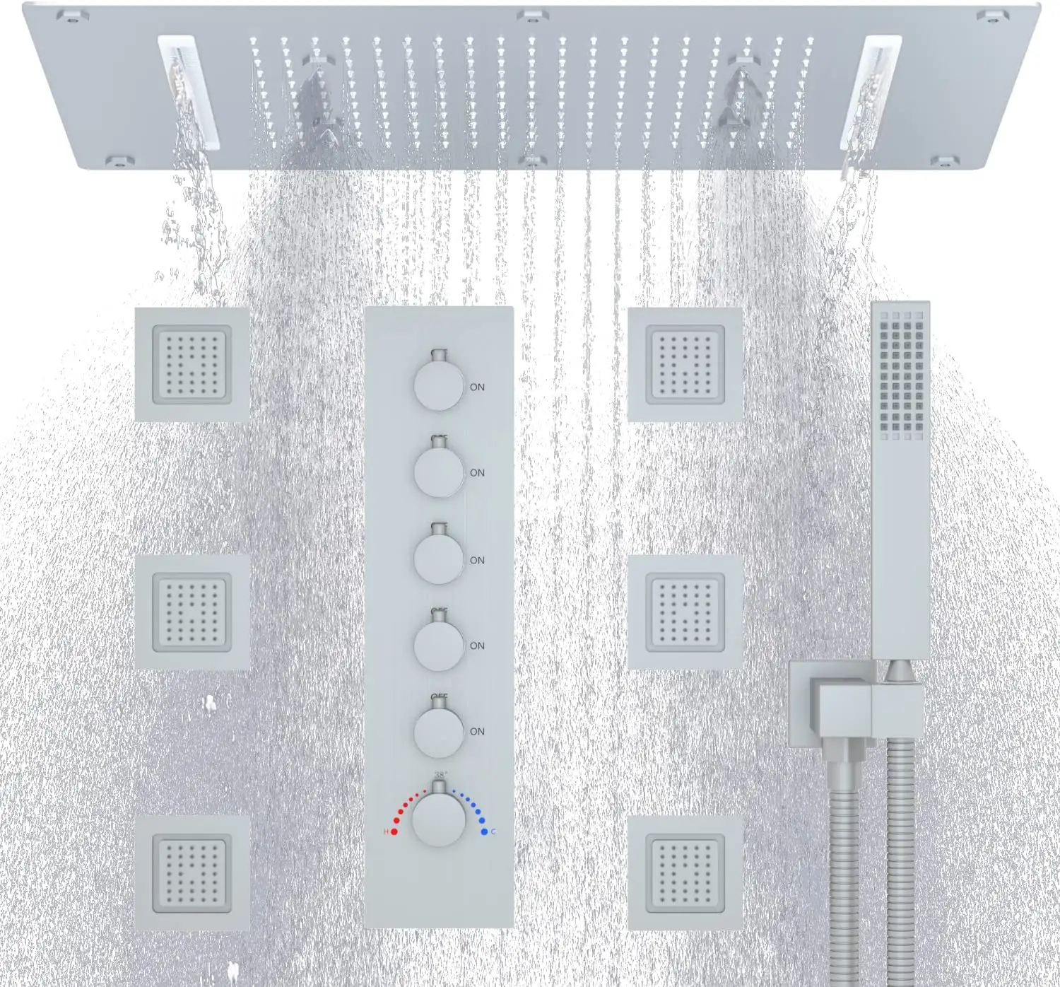 Système de douche en nickel brossé avec jets de corps Grand robinet de douche multifonction de 28 pouces Ensemble de douche de pluie au plafond