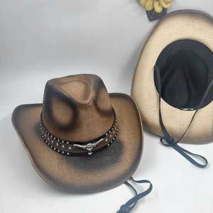 Hotsale High Quality Roll up Brim Mexico Straw Sombrero <b>Hat</b> Spray Paint Cowboy <b>Hats</b> With Decoration <b>Band</b> - Product Image 5