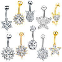 Bagues de nombril en acier chirurgical sans polissage, anneau chirurgical en forme de hibou papillon, Piercing pour le corps, 3a en Zircon cubique, 1 pièce, 40 modèles