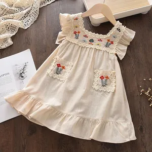 LZH Girls Dresses 2022 Summer Flower Embroidered Pocket Dress Kids Sweet Party Baby Clothing